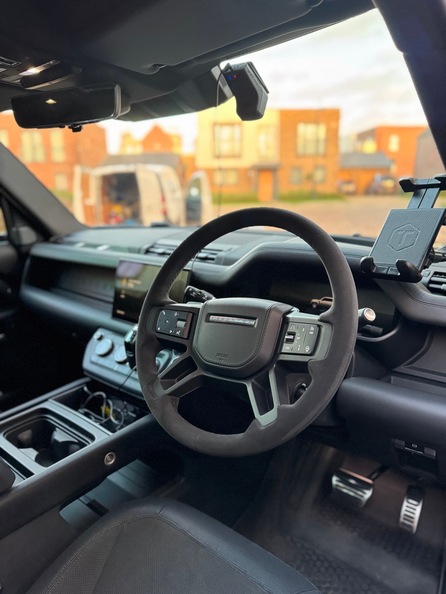 Land Rover Defender interior with the van set up outside